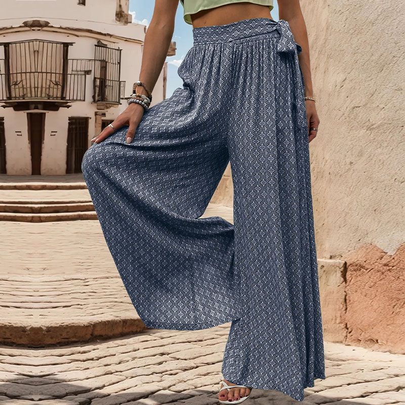 Geo Print Tie Waist Wide Leg Palazzo Pants - Dark blue - 3