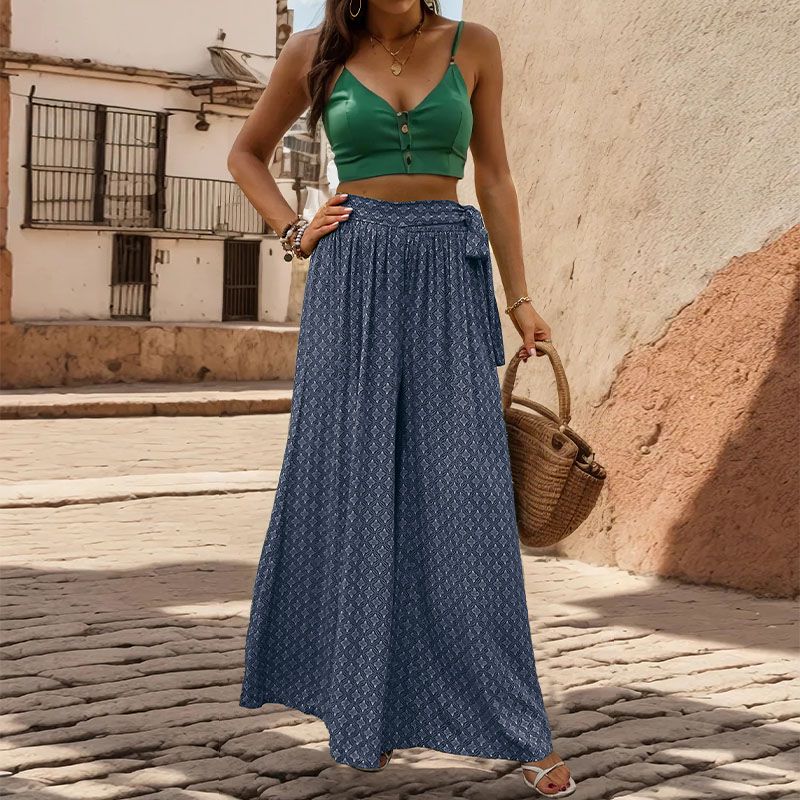 Geo Print Tie Waist Wide Leg Palazzo Pants - Dark blue - 5