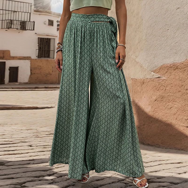 Geo Print Tie Waist Wide Leg Palazzo Pants - Green