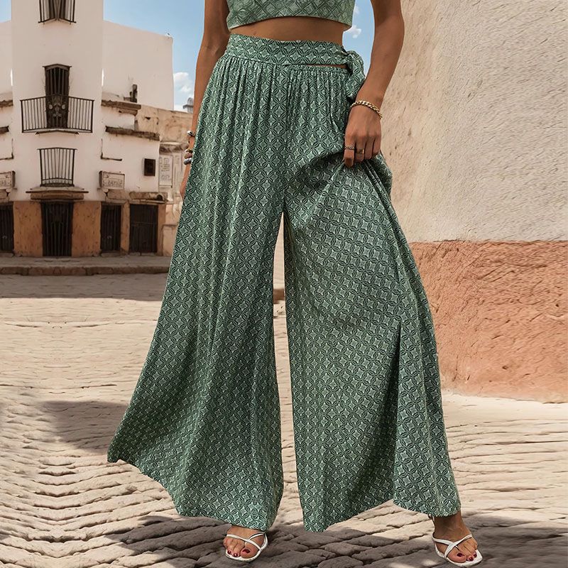 Geo Print Tie Waist Wide Leg Palazzo Pants - Green - 1