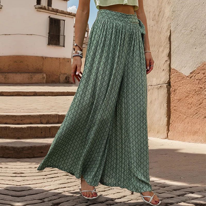 Geo Print Tie Waist Wide Leg Palazzo Pants - Green - 2