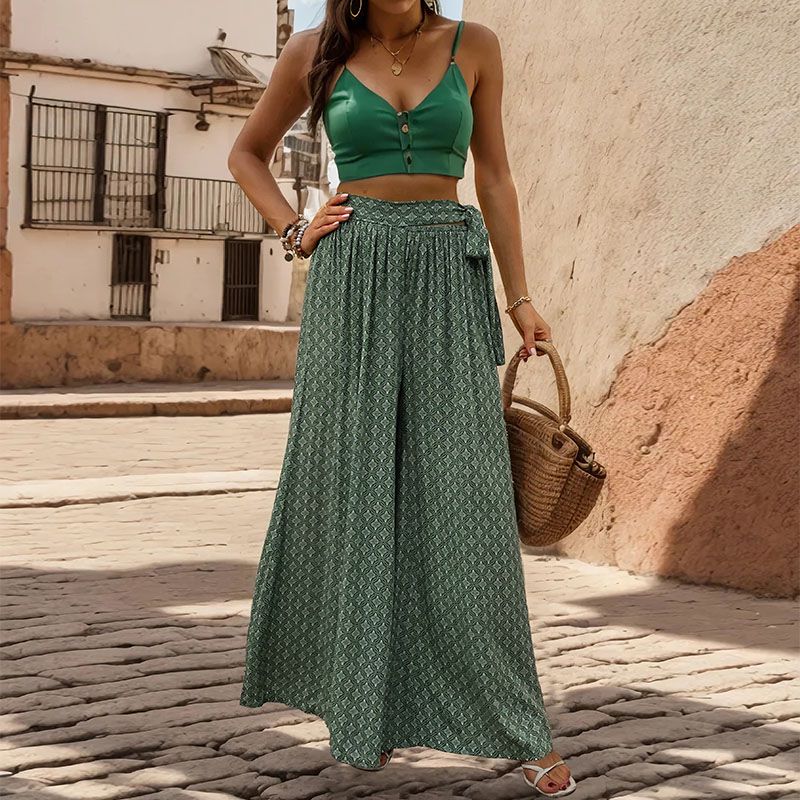 Geo Print Tie Waist Wide Leg Palazzo Pants - Green - 4