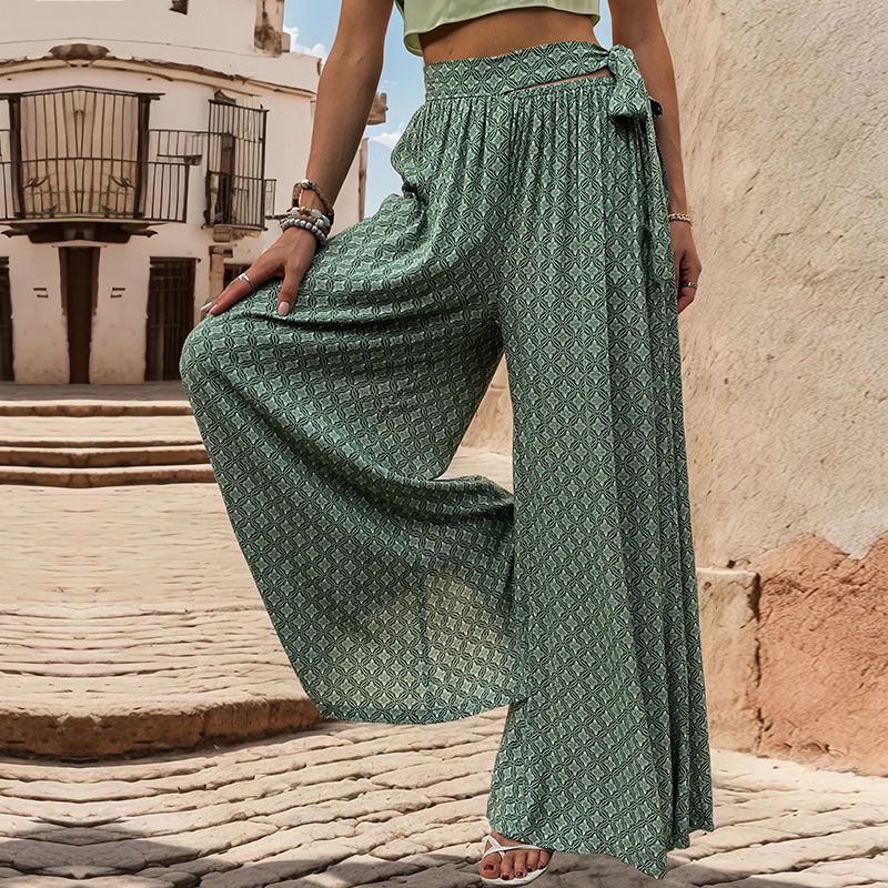Geo Print Tie Waist Wide Leg Palazzo Pants - Green - 5