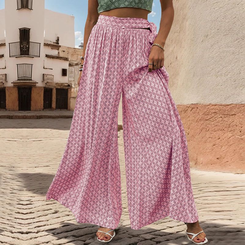 Geo Print Tie Waist Wide Leg Palazzo Pants - Pink