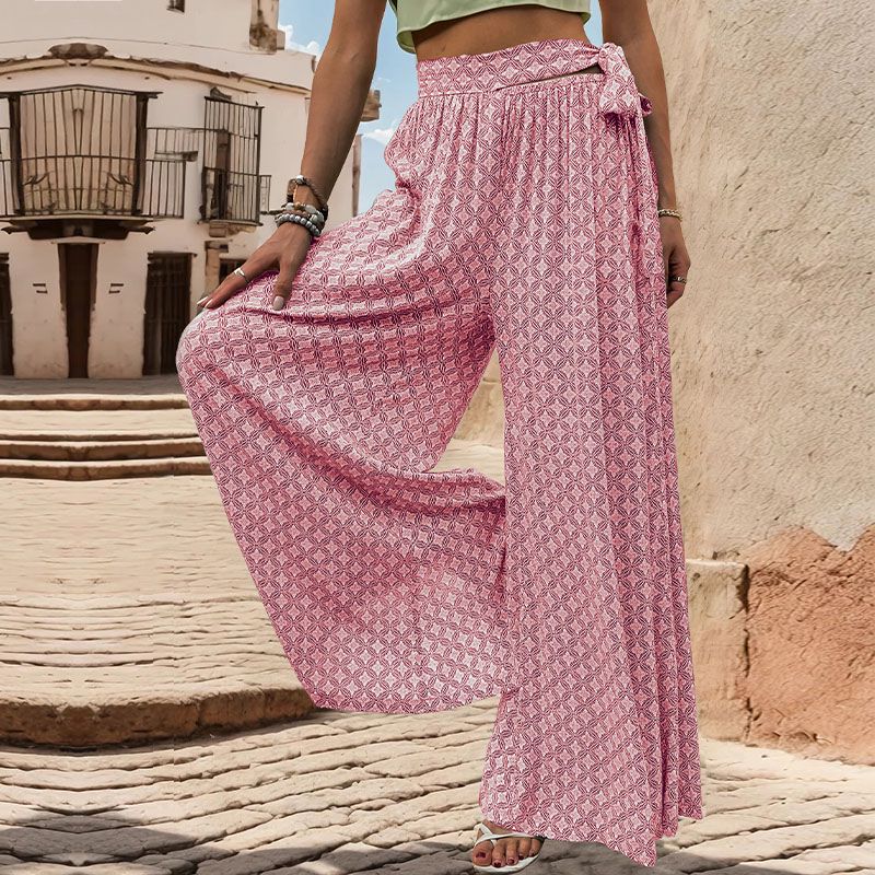 Geo Print Tie Waist Wide Leg Palazzo Pants - Pink - 2