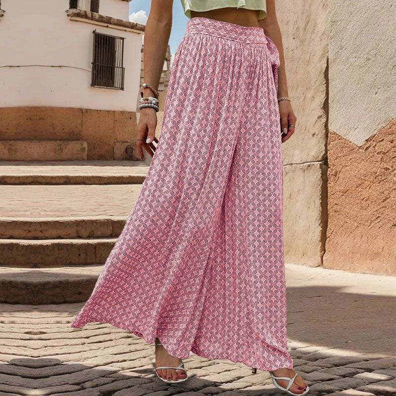 Geo Print Tie Waist Wide Leg Palazzo Pants - Pink - 3