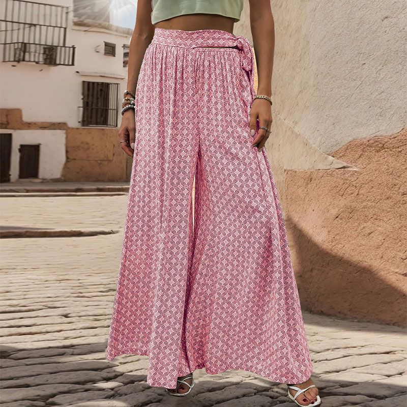 Geo Print Tie Waist Wide Leg Palazzo Pants - Pink - 4
