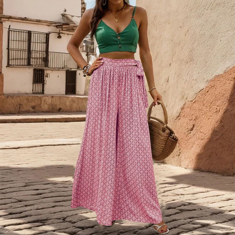 Geo Print Tie Waist Wide Leg Palazzo Pants - Pink - 5