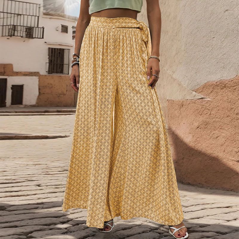 Geo Print Tie Waist Wide Leg Palazzo Pants - Yellow