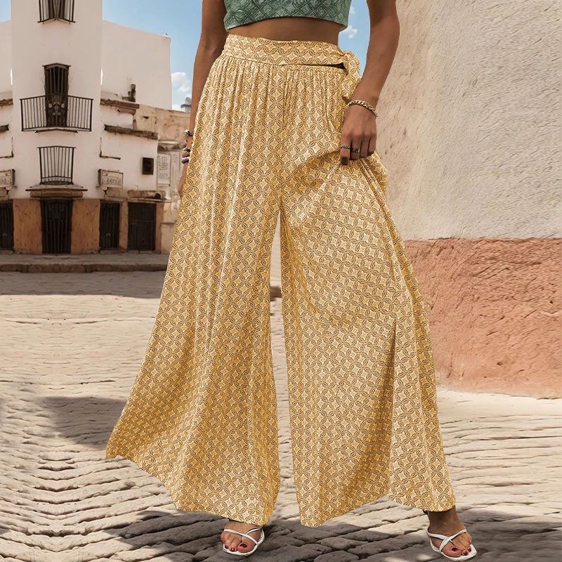 Geo Print Tie Waist Wide Leg Palazzo Pants - Yellow - 1