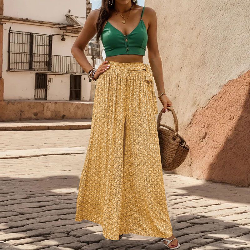 Geo Print Tie Waist Wide Leg Palazzo Pants - Yellow - 2