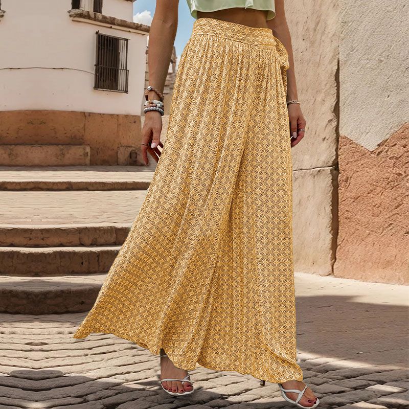 Geo Print Tie Waist Wide Leg Palazzo Pants - Yellow - 3