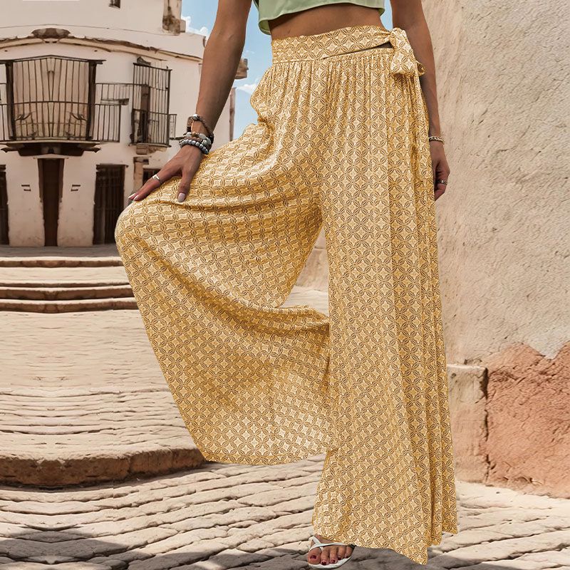 Geo Print Tie Waist Wide Leg Palazzo Pants - Yellow - 5