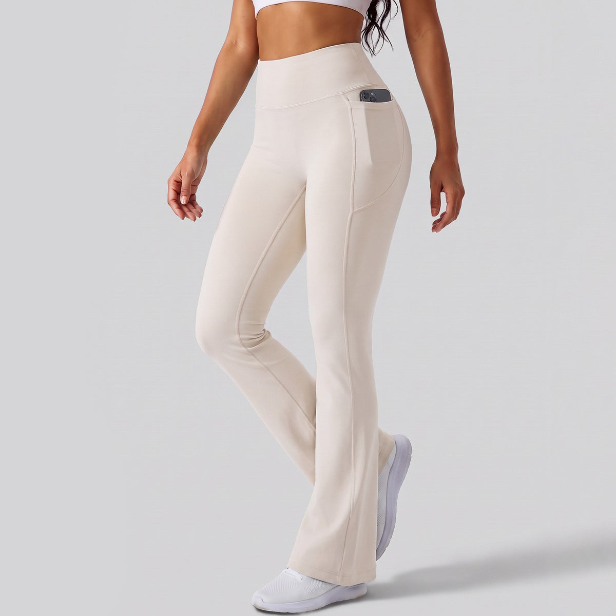 High Waist Flare Yoga Leggings With Side Pockets - Cream