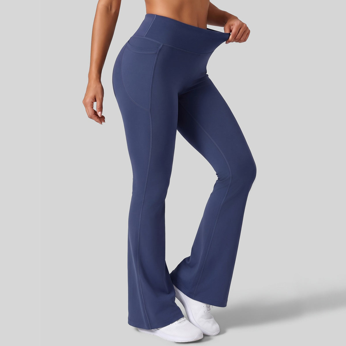 High Waist Flare Yoga Leggings With Side Pockets - Indigo Blue