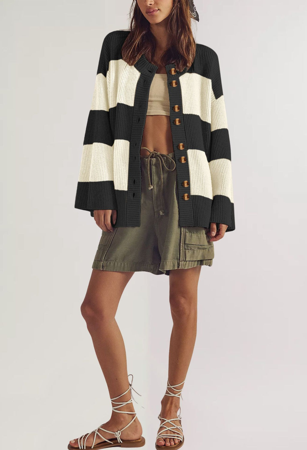 Chunky Rugby Stripe Drop Shoulder Cardigan - Black