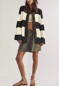 Chunky Rugby Stripe Drop Shoulder Cardigan - Black