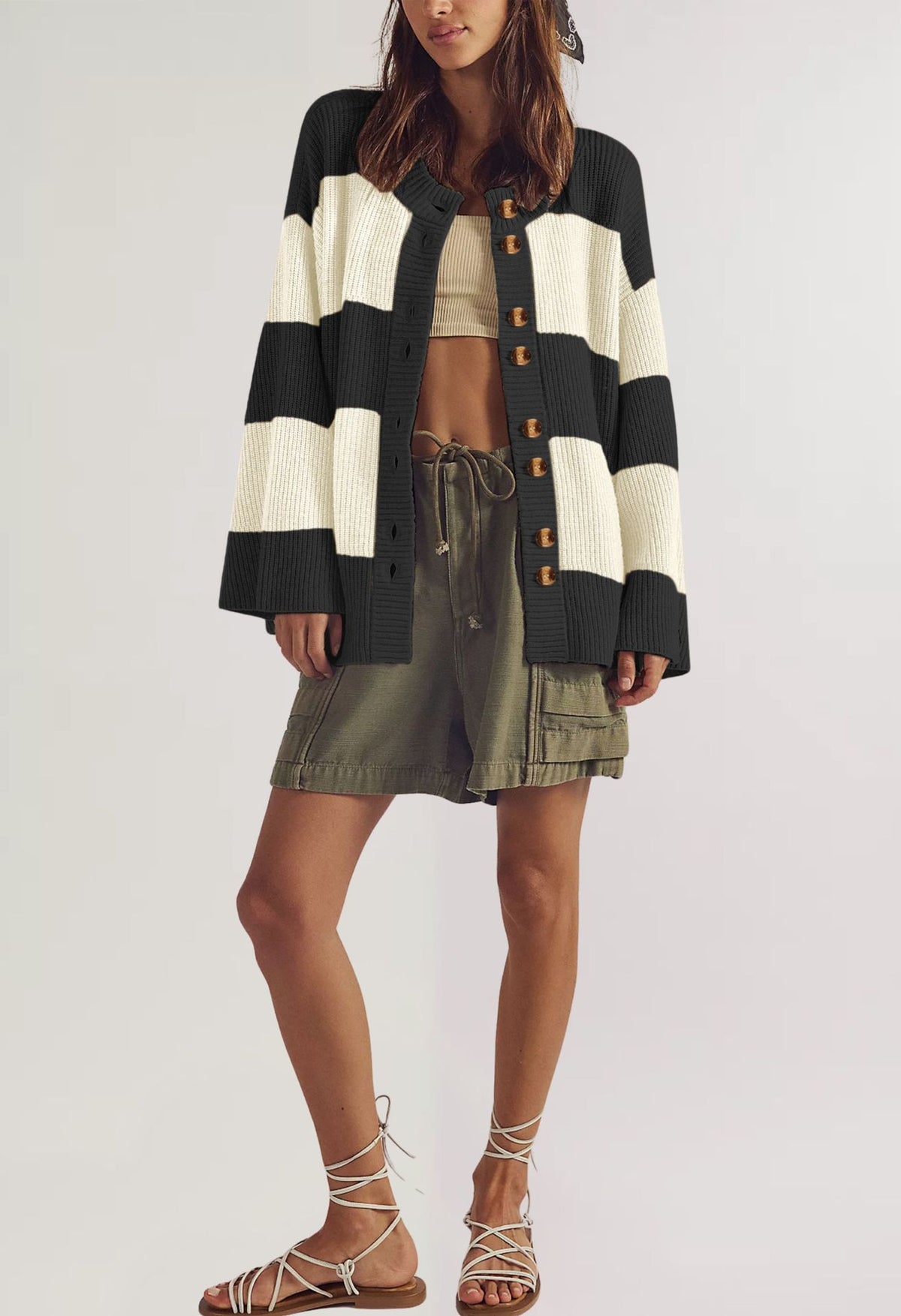 Chunky Rugby Stripe Drop Shoulder Cardigan - Black