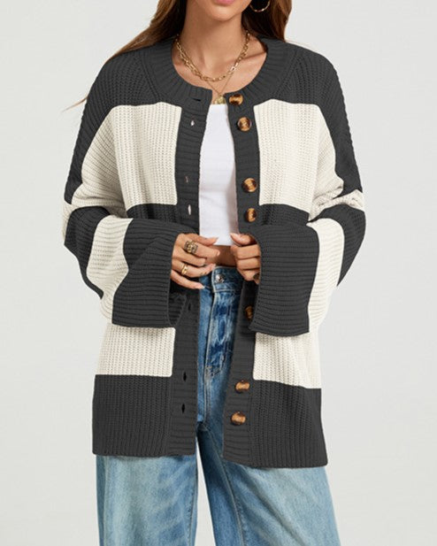 Chunky Rugby Stripe Drop Shoulder Cardigan - Black - 1