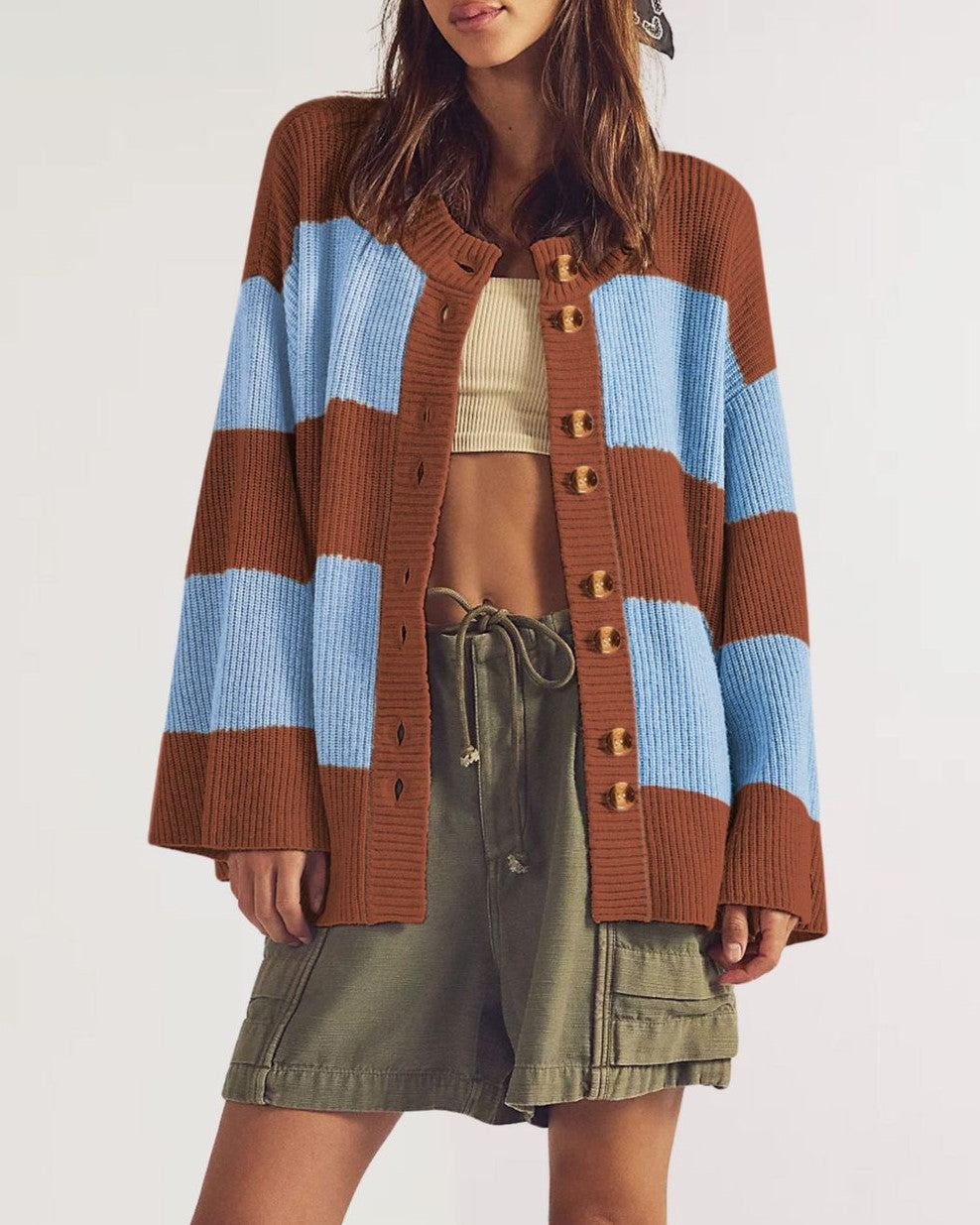 Chunky Rugby Stripe Drop Shoulder Cardigan - Brown