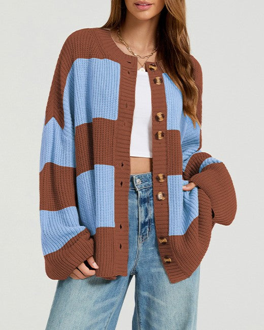 Chunky Rugby Stripe Drop Shoulder Cardigan - Brown - 1