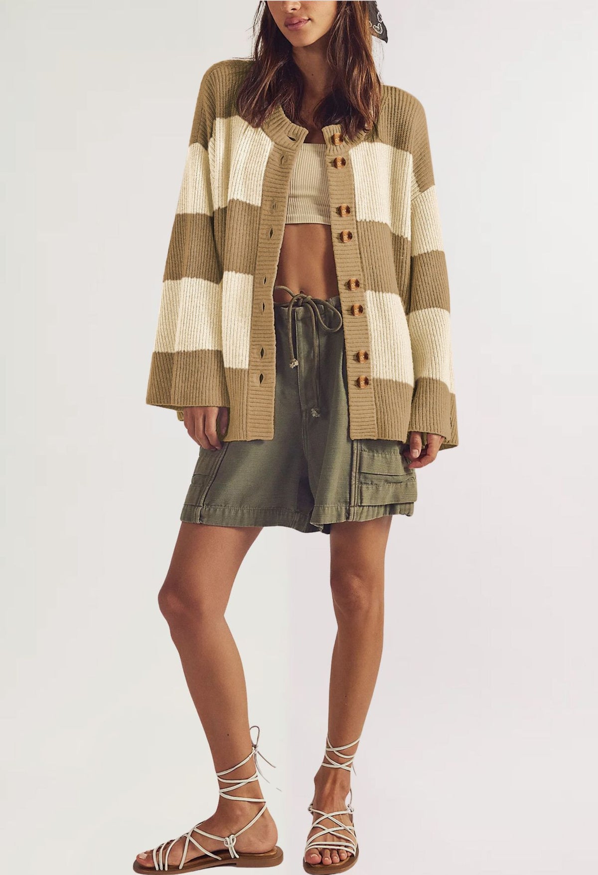 Chunky Rugby Stripe Drop Shoulder Cardigan - Khaki