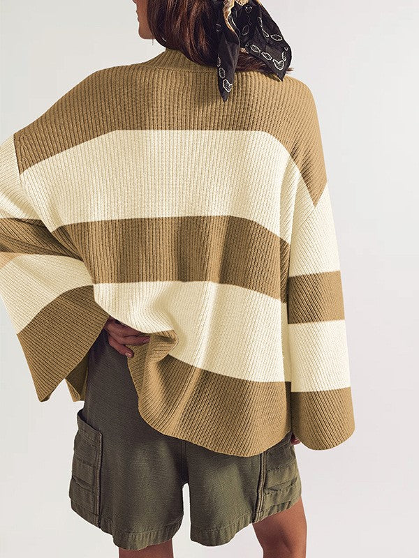 Chunky Rugby Stripe Drop Shoulder Cardigan - Khaki - 1