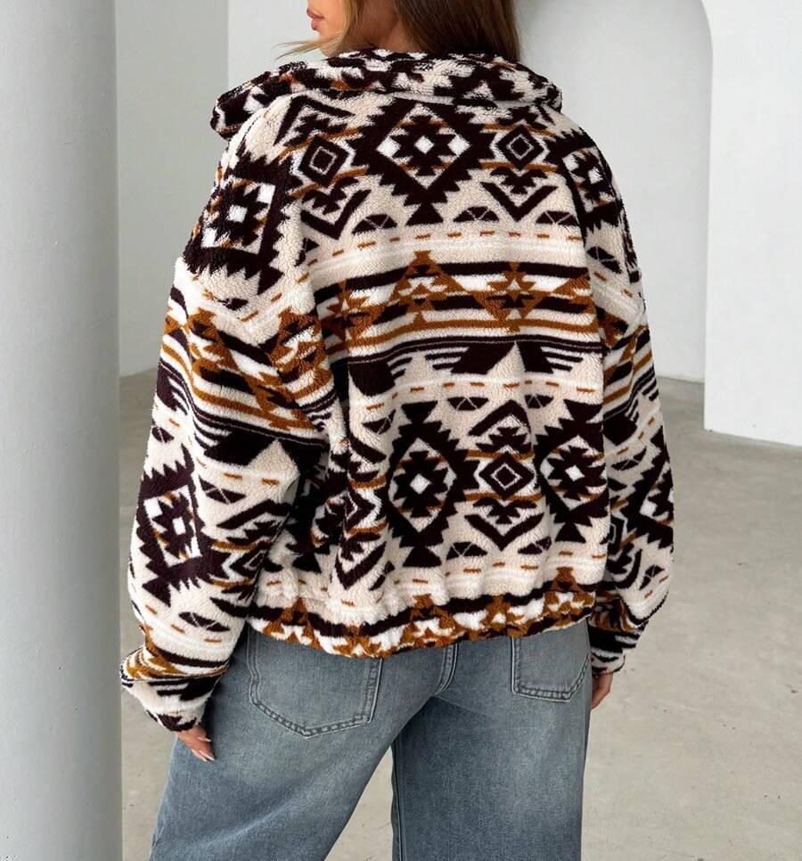 Southwestern Geometric Plush Zip Jacket - Brown - 1