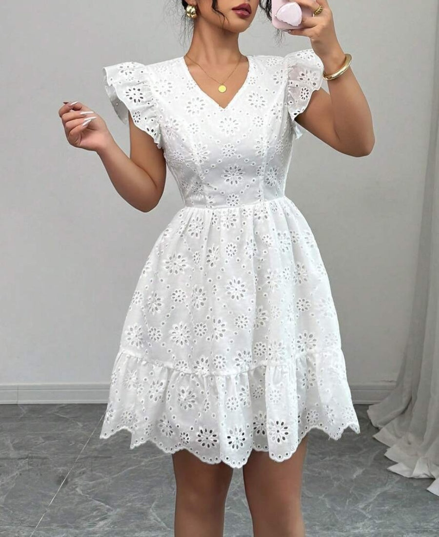 Eyelet Lace Flutter Sleeve Mini Dress