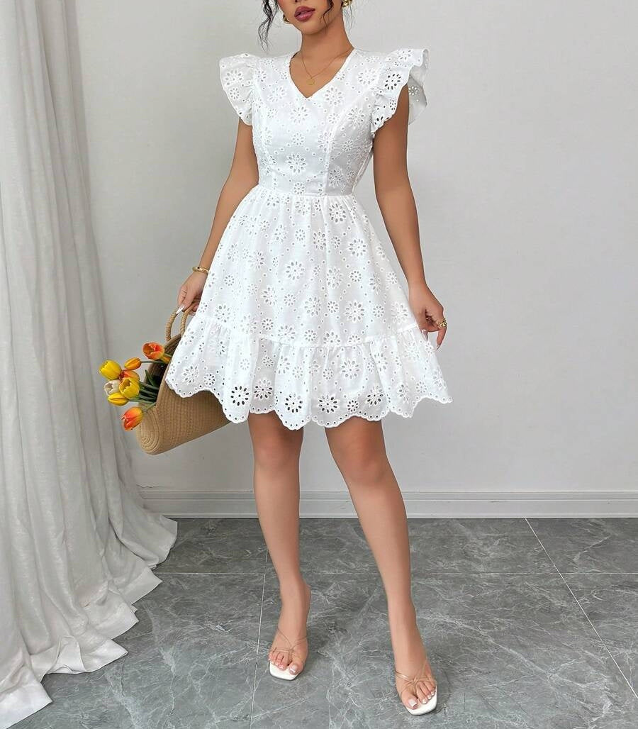 Eyelet Lace Flutter Sleeve Mini Dress - white
