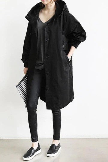 Cotton Hooded Oversized Knee Length Trench Coat - Black