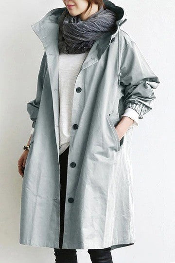 Cotton Hooded Oversized Knee Length Trench Coat - Light Blue