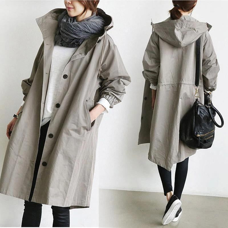 Cotton Hooded Oversized Knee Length Trench Coat - Light Grey