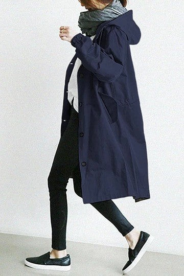 Cotton Hooded Oversized Knee Length Trench Coat - Navy