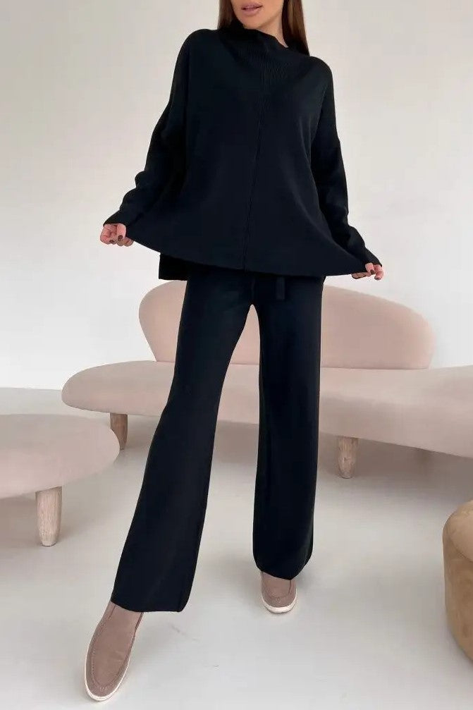 Mock Neck Knit Top And Trouser Set - Black