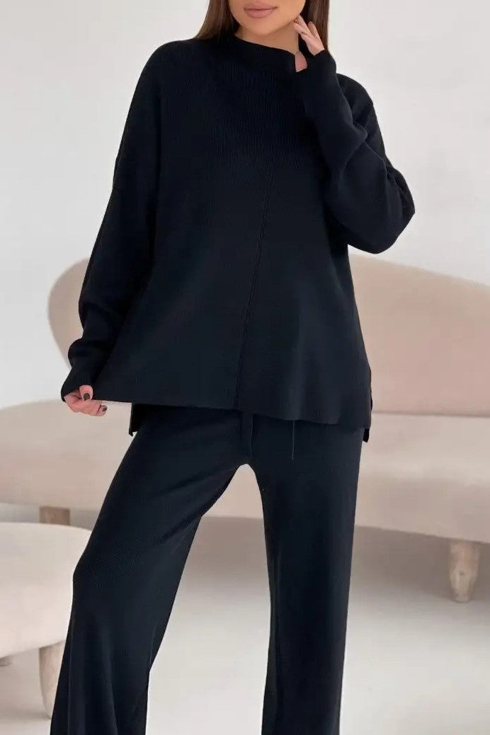 Mock Neck Knit Top And Trouser Set - Black - 1