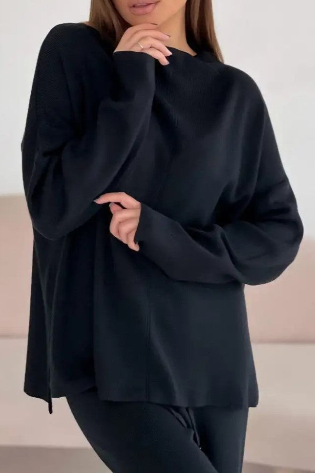 Mock Neck Knit Top And Trouser Set - Black - 2