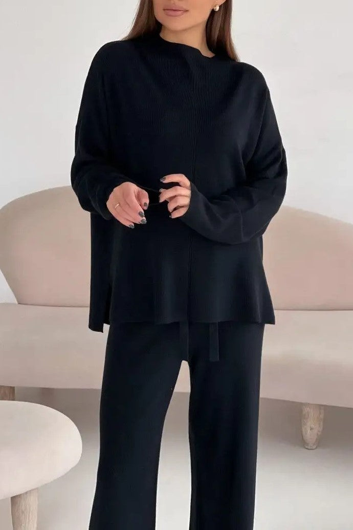 Mock Neck Knit Top And Trouser Set - Black - 3