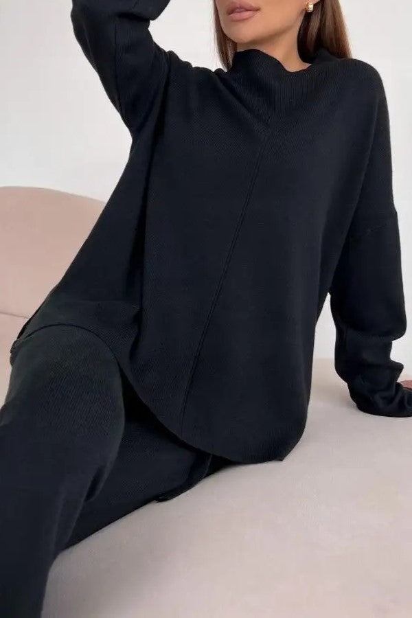 Mock Neck Knit Top And Trouser Set - Black - 4