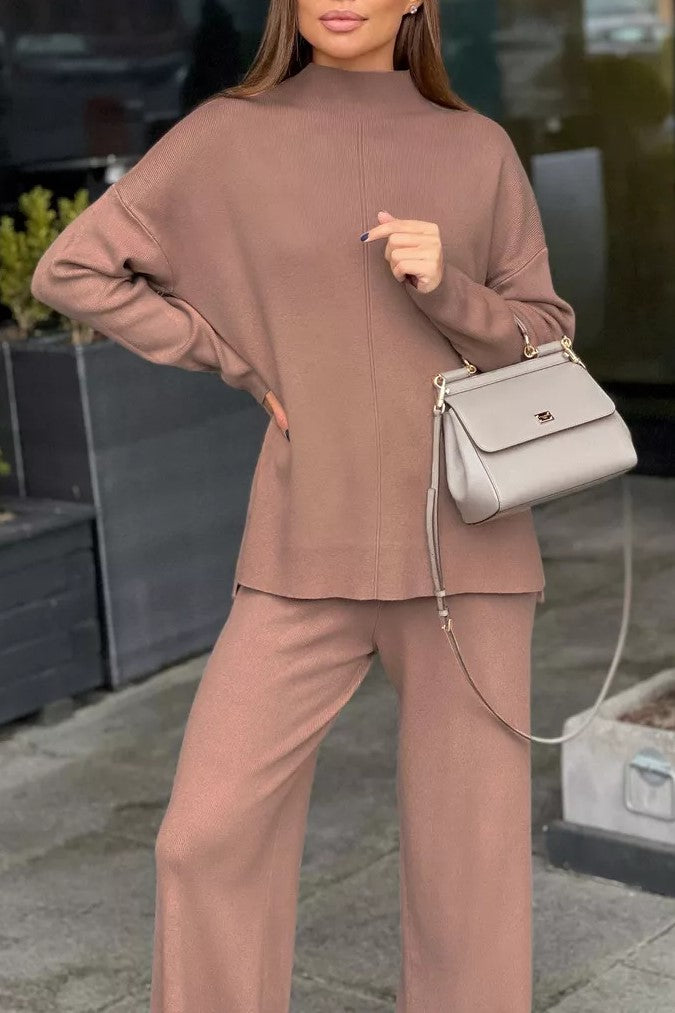 Mock Neck Knit Top And Trouser Set - Brown
