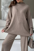 Mock Neck Knit Top And Trouser Set - Taupe