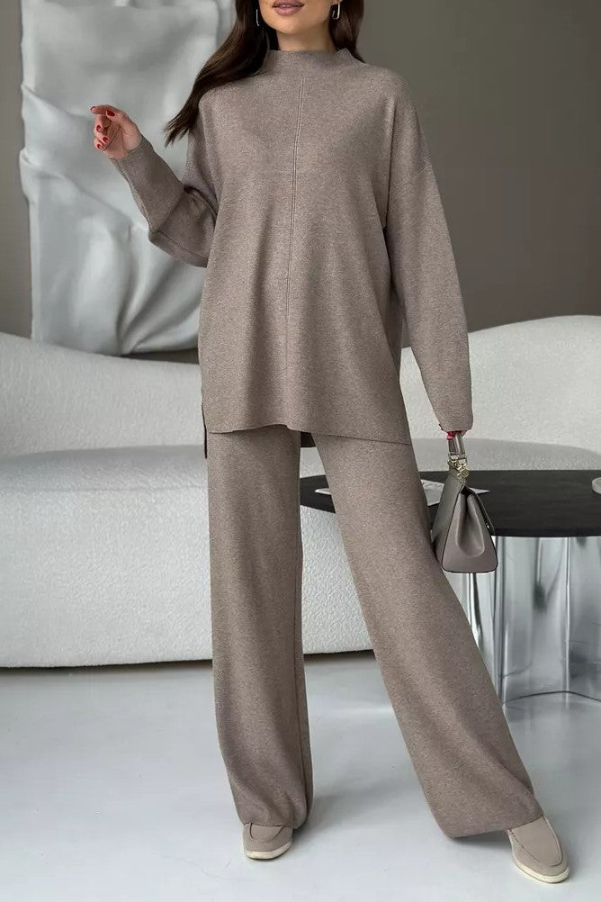 Mock Neck Knit Top And Trouser Set - Taupe - 1
