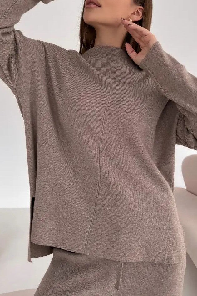 Mock Neck Knit Top And Trouser Set - Taupe - 2