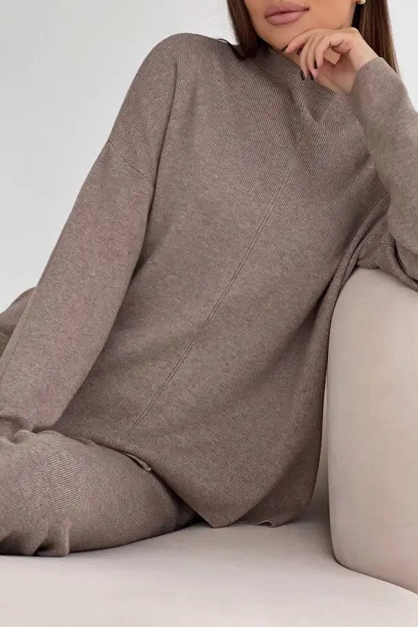 Mock Neck Knit Top And Trouser Set - Taupe - 3