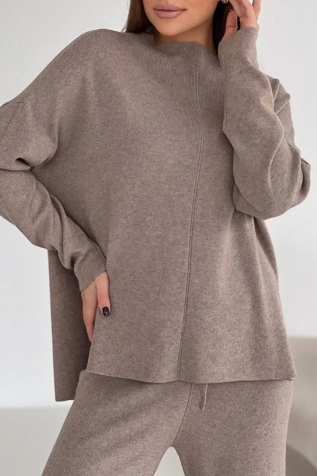Mock Neck Knit Top And Trouser Set - Taupe - 4