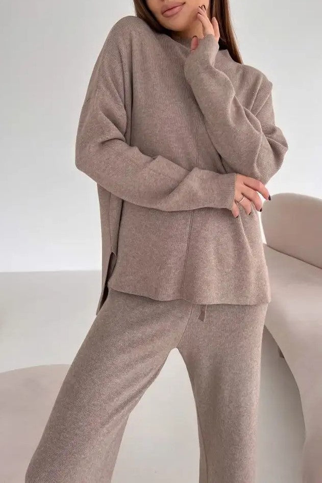 Mock Neck Knit Top And Trouser Set - Taupe - 5