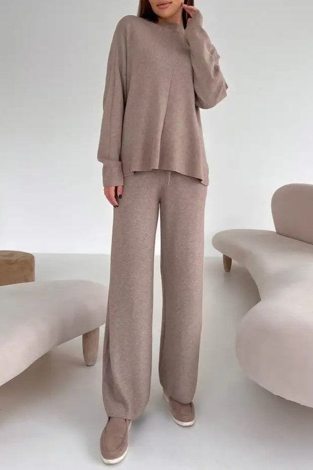 Mock Neck Knit Top And Trouser Set - Taupe - 6