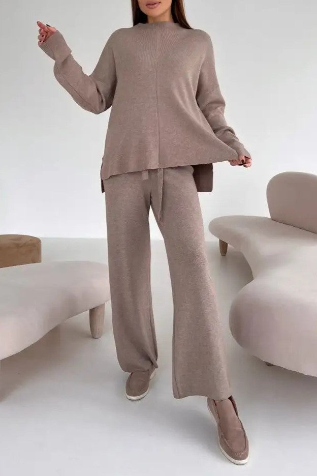 Mock Neck Knit Top And Trouser Set - Taupe - 7