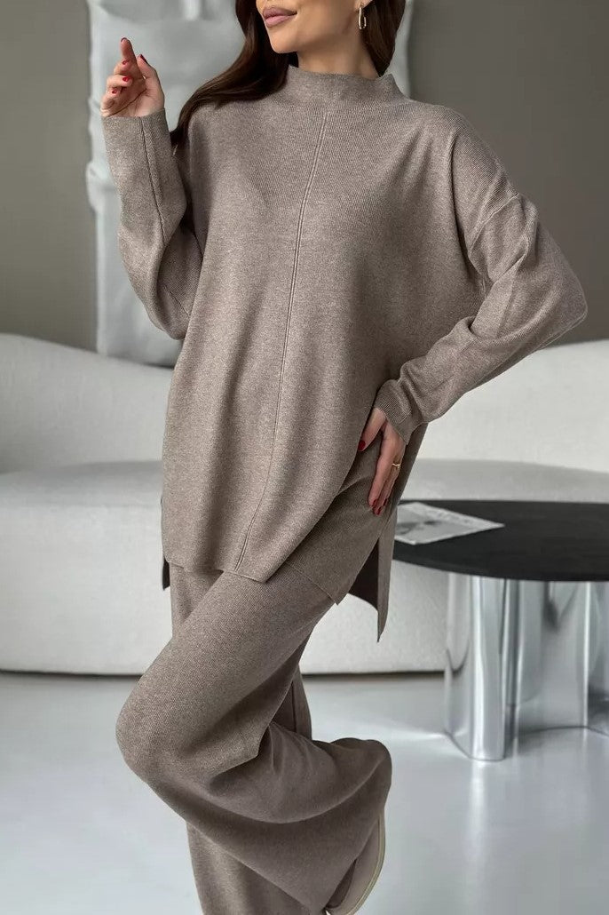 Mock Neck Knit Top And Trouser Set - Taupe - 8