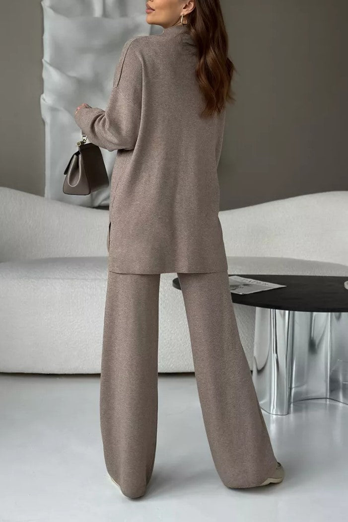 Mock Neck Knit Top And Trouser Set - Taupe - 9